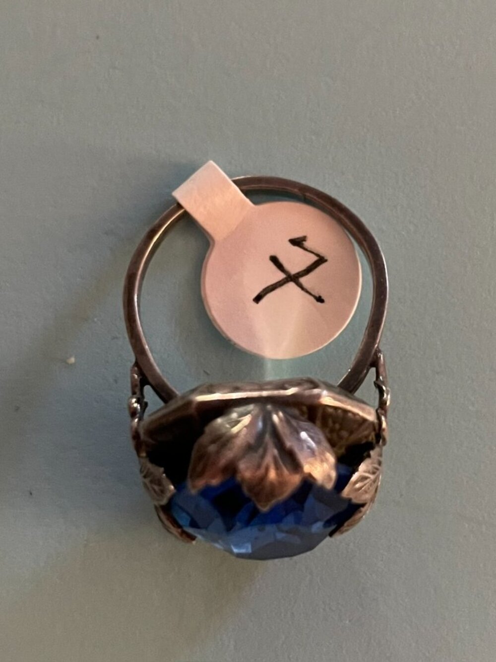 Vintage Silver Ring Signed Blue Glass ? Statement Size 7 Retro Cocktail Ring - Picture 14 of 15